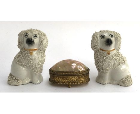 A pair of very small encrusted Staffordshire dogs, 6.5cm high; together with a Palais Royal style gilt metal trinket pot 