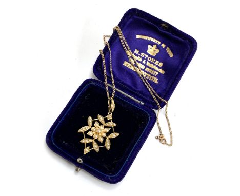 An Edwardian 15ct gold and seed pearl pendant on 9ct gold chain, total weight 7.6g; in a blue velvet box 