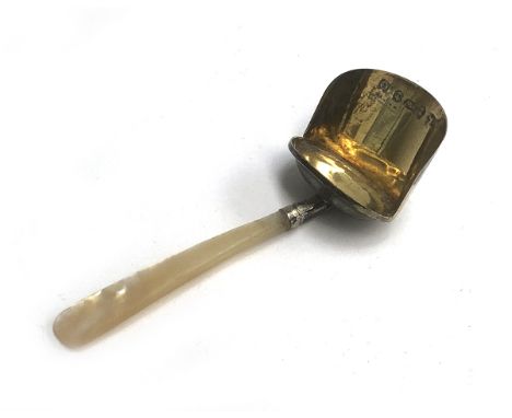 A George III silver gilt and mother of pearl caddy spoon by Joseph Willmore, Birmingham 1812