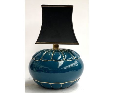 A turquoise glaze ceramic table lamp heightened in gilt of compressed spherical form, 49cmH to top of shade 