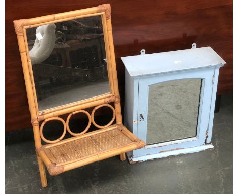 A pale blue painted mirrored bathroom cabinet, together with a bamboo mirror shelf 