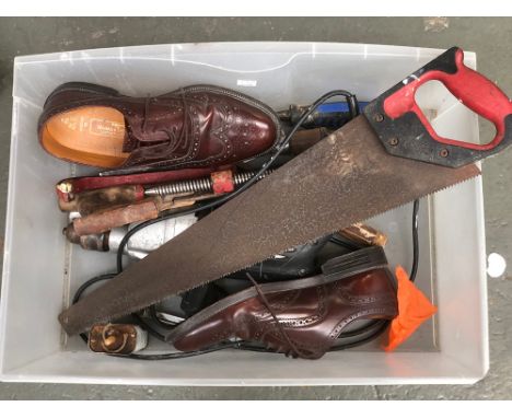 A small lot of tools to include G clamp; M&amp;S patent leather brogues; screwdrivers etc 