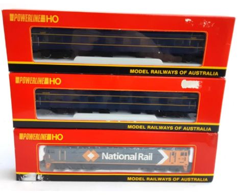 A Powerline HO Gauge National Rail BL Class locomotive, P218, together with a VR ABS composite car, P434A, and a VR AS first 