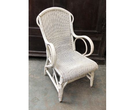 A white painted vintage wicker conservatory chair, 52cmW 