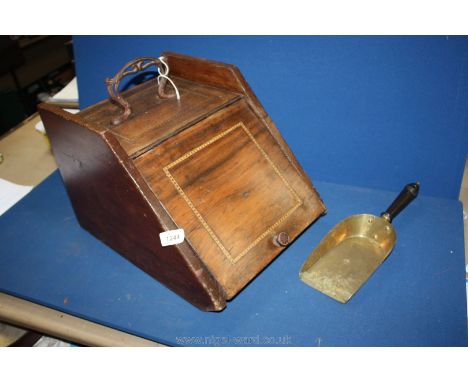 A satinwood Coal box decorated with light and darkwood inlaid beading, complete with brass shovel having turned ebony handle 