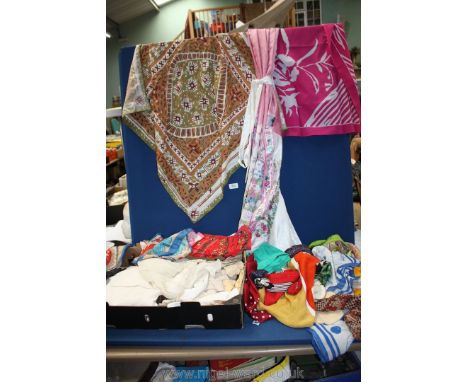 A box of silk scarves to include silk kimono, leather gloves, cream linen jacket, Artiqiano scarf, Julien R. Seaman, Norma Do