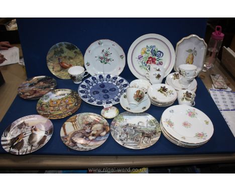 A box of limited edition plates to include; Royal Doulton, Wedgwood, French Faience plate, Poole plate, Gainsborough tea set 