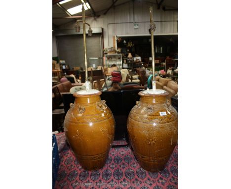 Two large Korean lamps (pair) with dragon decoration, 20" x 9" approx. plus double electric light fittings.