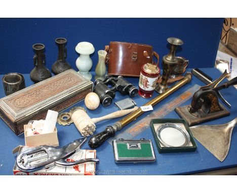 A good quantity of miscellaneous including a letter stamp, brass pump, crumb tray and brush, Denhill 8 x 30 cased binoculars,