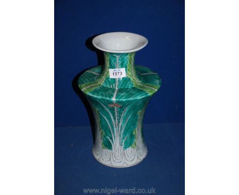 A mid-20th century Chinese ceramic vase, signed on base, hand painted in lime and grey foliage on aqua ground, with three ins