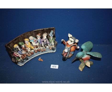 A small box of china figures, eight gentlemen sitting (one foot off) on a bench drinking/ smoking, pig on bike and a kingfish