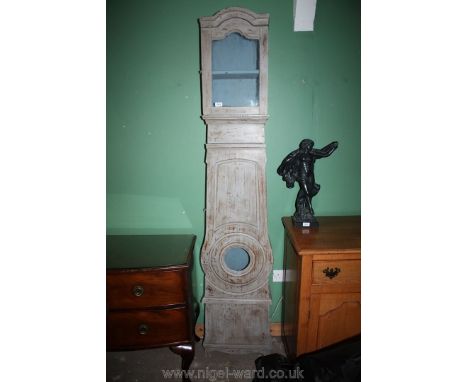 A shabby chic French painted pine Longcase clock Case finished in beige paint, adapted for use as a storage cabinet, 83 1/4''