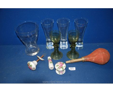 A quantity of modern glass including vase and lager glasses, two green Italian style wine glasses, part of an old car horn an