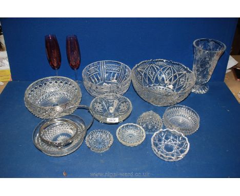 A box of mixed glass, a cut glass vase with flower design, two cranberry ruby wedding glasses etc.