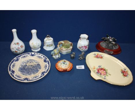 A small box of mixed china to include, Wedgwood posy vase, Royal Worcester small vase, metal figure of two horses jumping (Th