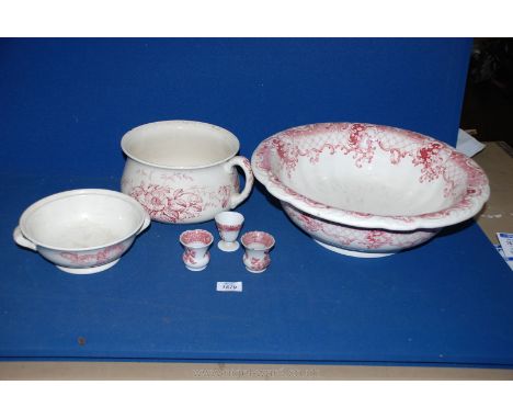 A large red/white wash bowl, Masons dish, Wedgwood &amp; Co Christmas Rose chamber pot a/f, Minton dish and three Spode egg c