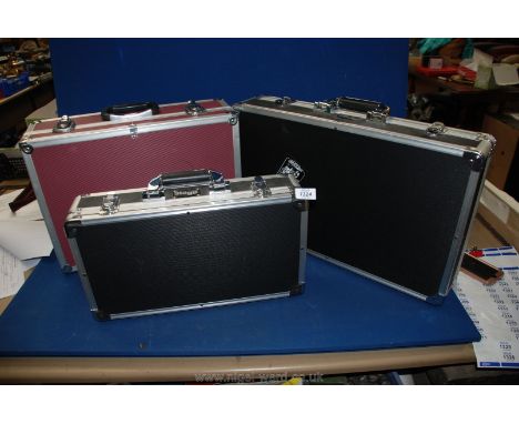 Three metal cases - two being black by Stagg and the other burgundy 