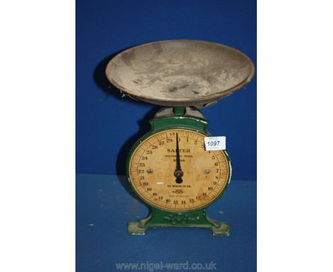 A set of Salters scales, No. 46 green enamel. 12" tall.