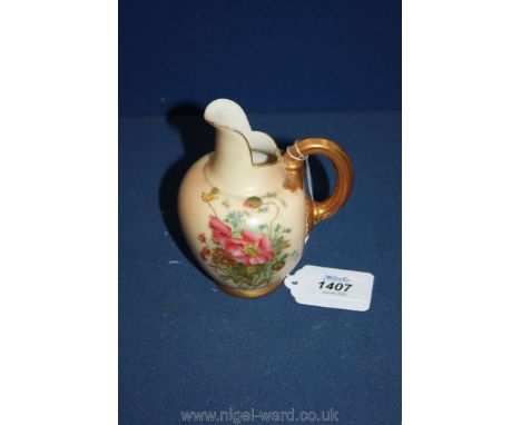 A Royal Worcester blush ground, hand painted Jug with gilt reeded handle, 5" tall
