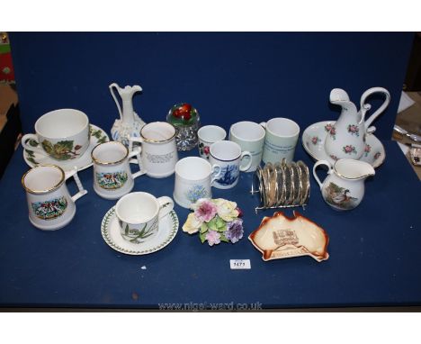 A box of china to include large Portmeirion cup (chipped rim) and saucer, rose bowl and jug, ceramic tankards, glass dish wit