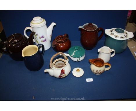 A quantity of china to include; large teapot, Denby jugs, Palissy 'Honeysuckle' coffee pot, Poole casserole (lid a/f), etc (o