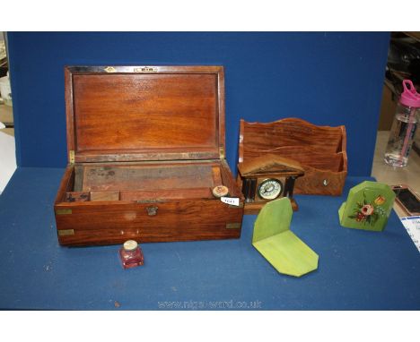 An Edwardian mantle clock, a pair of green bookends, walnut letter rack and a writing slope for restoration.