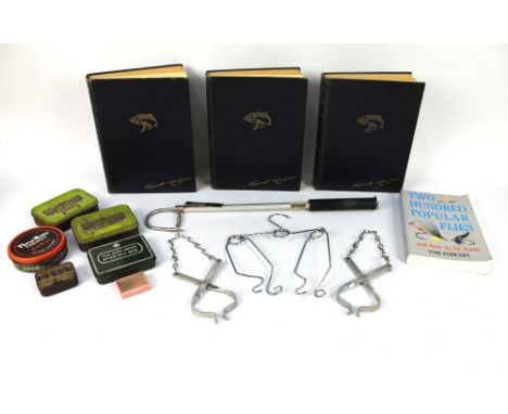 A pair of Hardy wader hangers, together with a Solvkroken gaff, together with various books "The Art of Angling" in three vol