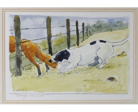 Wilk - John William Wilkinson (1906-1994), a watercolour cartoon "Hang On Wot", with terrier, fox, rabbit and hedgehog, signe