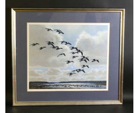 Sir Peter Markham Scott (1909-1989), a signed limited edition print "Canadian Geese" 129/950.  43 x 52 cm, framed and mounted