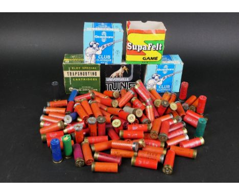 Over one hundred 12 bore shotgun cartridges - Tunet Challenge cartridges, 70 mm, 28 gram No. 8 shot, Gamebore Club Classique 