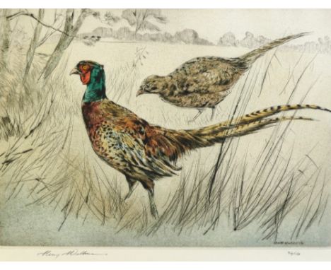 Henry Wilkinson, a coloured engraving Cock and Hen Pheasant 36/150.  25 x 34 cm, framed and mounted.
