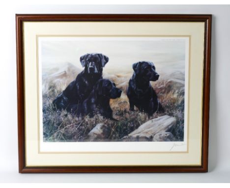 John Trickett, a signed limited edition print, three Black Labradors 335/850.  37 x 52 cm, framed and mounted.