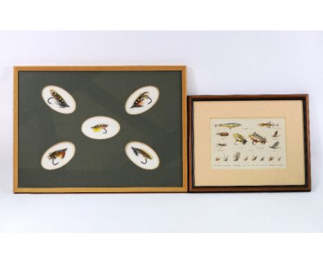 A framed book plate "Angling" featuring salmon and trout flies. lures etc.  14 x 20 cm, together with five framed large salmo