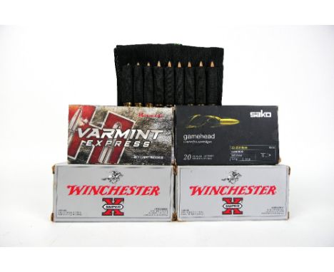 Forty 22-250 rifle cartridges and thirty four spent cases.  FIREARMS CERTIFICATE REQUIRED.  WE CANNOT POST AMMUNITION.