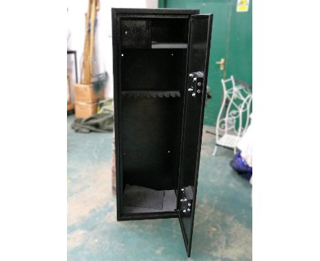 A Buffalo River gun cabinet, with space for ten guns with top locking box and shelf, with keys.  Height 150 cm, width 52 cm, 