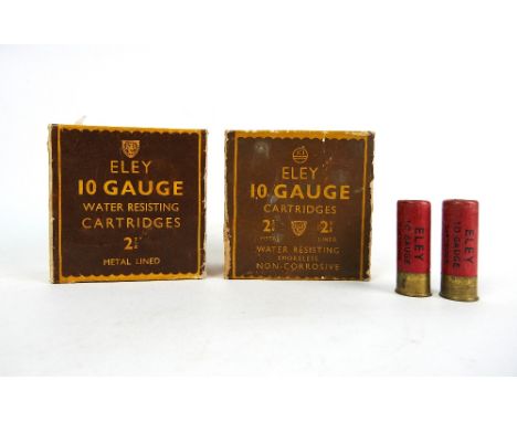 Two boxes of Eley 10 bore collectors cartridges, 2 5/8" and 2 7/8".  SHOTGUN CERTIFICATE REQUIRED.  WE CANNOT POST AMMUNITION