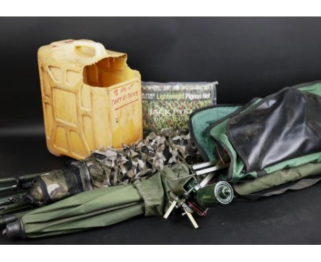 A rotary pigeon magnet, together with Jack Pike hide net, various hide poles, umbrella etc.