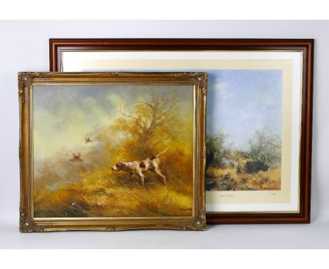 David Shepherd OBE, a signed limited edition print "Rhino Beware" 672/1300.  46 x 76 cm, framed, together with an oil on canv