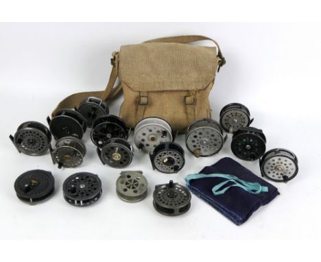 Vintage canvas bag containing sixteen fly reels etc - Mitchell, Intrepid Rimfly etc.