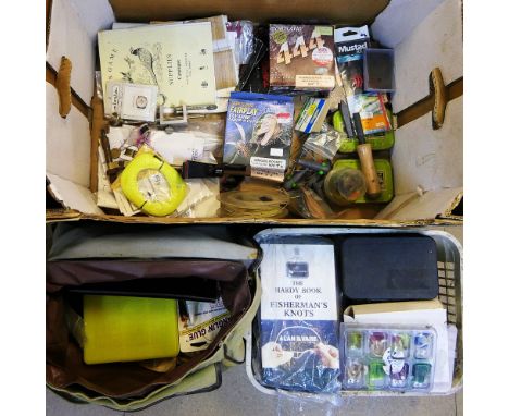 A large box containing fly lines, fly tying vices, "The Hardy Book of Fishermans Knots", various pieces of vintage tackle, sp