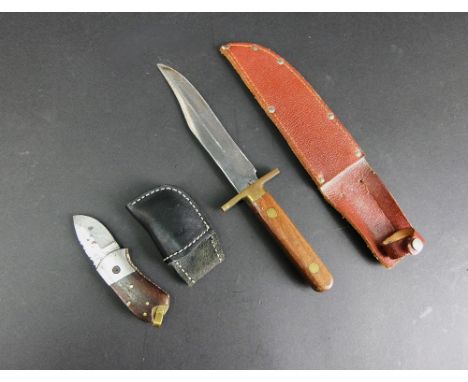 Perkin damascus folding knife, with 2" blade, 11 cm overall with leather sheath, together with a William Rogers of Sheffield 