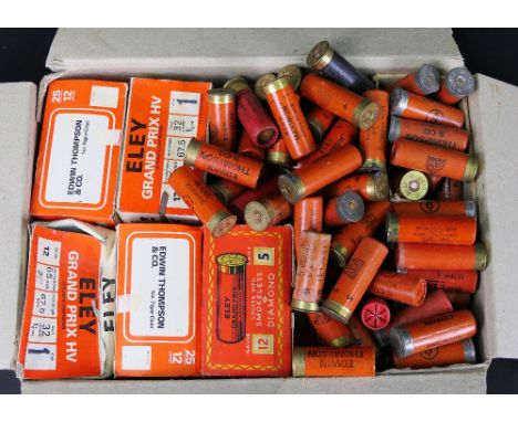 +/- One hundred and eighty 12 bore shotgun cartridges, paper cased to include a large quantity of Edwin Thompson &amp; Co Kes