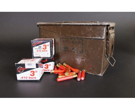 +/- Eighty 410 shotgun cartridges, to include 75 Lyalvale 3" 16 gram shot size 6 plastic wad, all in a military ammunition ti