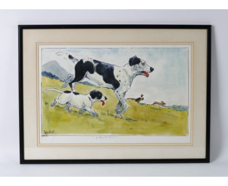 Wilk - John William Wilkinson (1906-1994), a watercolour cartoon "Walkies" with two dogs, pheasant and hare, signed and dated