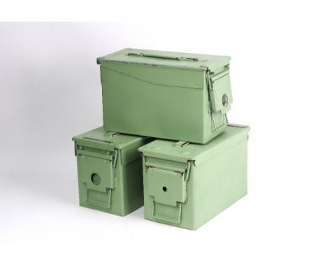 Three green painted ammunition tins, two marked H83 Mk II 1984 and 1985.