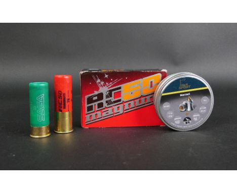 Eleven RC50 Magnum 12 bore shotgun cartridges, 76 mm, 50 gram shot size 3 and a Saga cartridge and a part tin of H &amp; N Sp