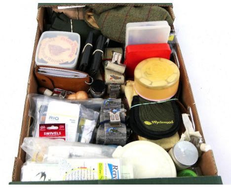 A box lot of gloves, Tweed cap, fishing reel pouches, braces, tackle etc.