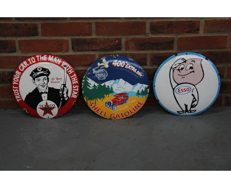 Three Convex Enamel Texaco, Shell &amp; Esso Circular SignsMake: Contact AuctioneerModel: Contact AuctioneerYear: 0Mileage: 0