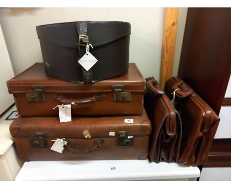2 vintage suitcases, 2 briefcases &amp; a hat box