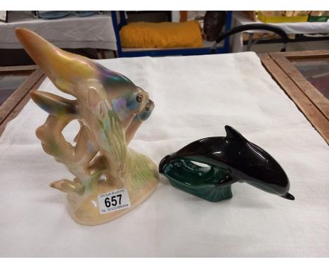 A Poole dolphin and a Jema Holland 1950's pair of angel fish ornament with sticker. 